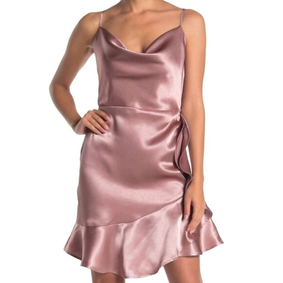 FAVLUX Dresses & Skirts - Favlux Satin Cowl Neck Ruffle Hem Mini Cocktail Dress Rusty Rose Size Large NWT